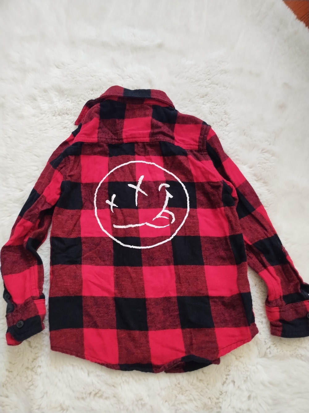 Red and Black Buffalo Plaid Flannel Shirt with White Graphic